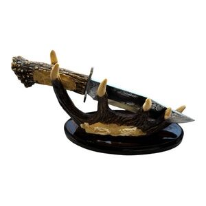 Stainless Steel Blade Knife With Antler Stand Highly Engraved & Decorative